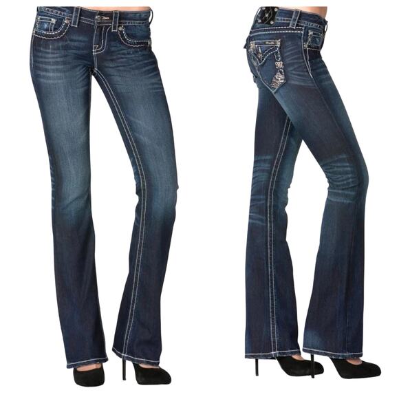 Miss Me Signature Rise Boot Cut Jeans size 29 Embellished Flap Pockets, studded - Picture 6 of 12